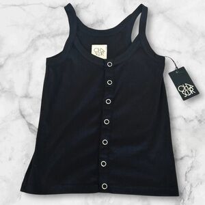 Chaser Woman Solid Black Cotton Blend Ribbed Full Button Down Snap Tank Top